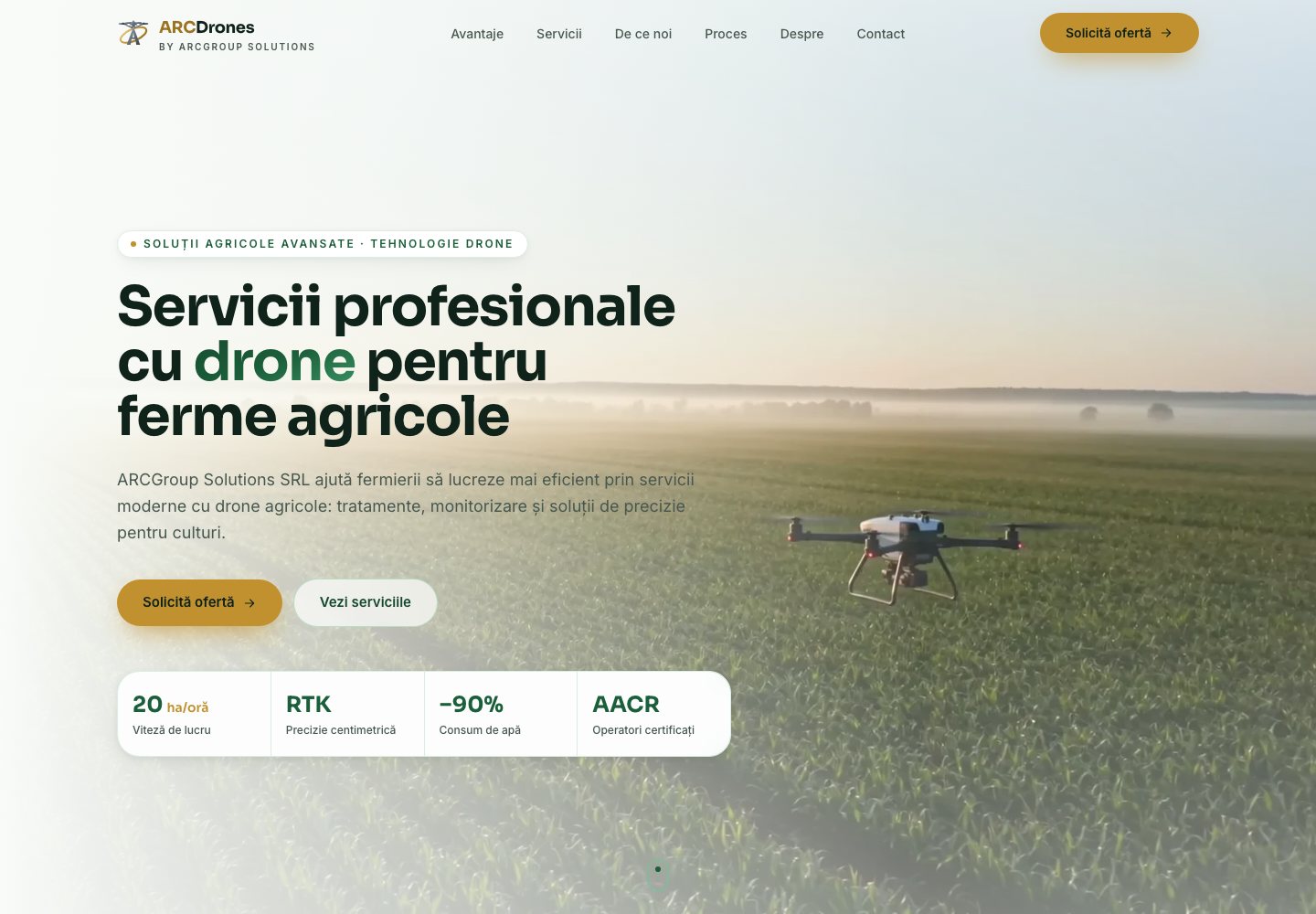 ARCGroup Solutions — Servicii agricole cu drone, site realizat de Svinex