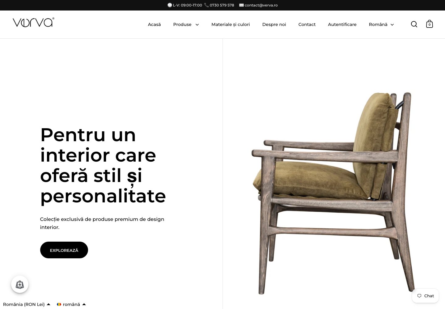 Verva — Mobilier premium din lemn masiv · E‑commerce, site realizat de Svinex